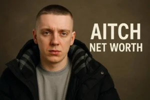Portrait of Aitch with text "AITCH NET WORTH" overlaid, highlighting the focus of discussions about his financial success.