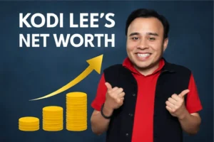 Kodi Lee smiling with thumbs up in front of a graph symbolizing growth, representing Kodi Lee's Net Worth