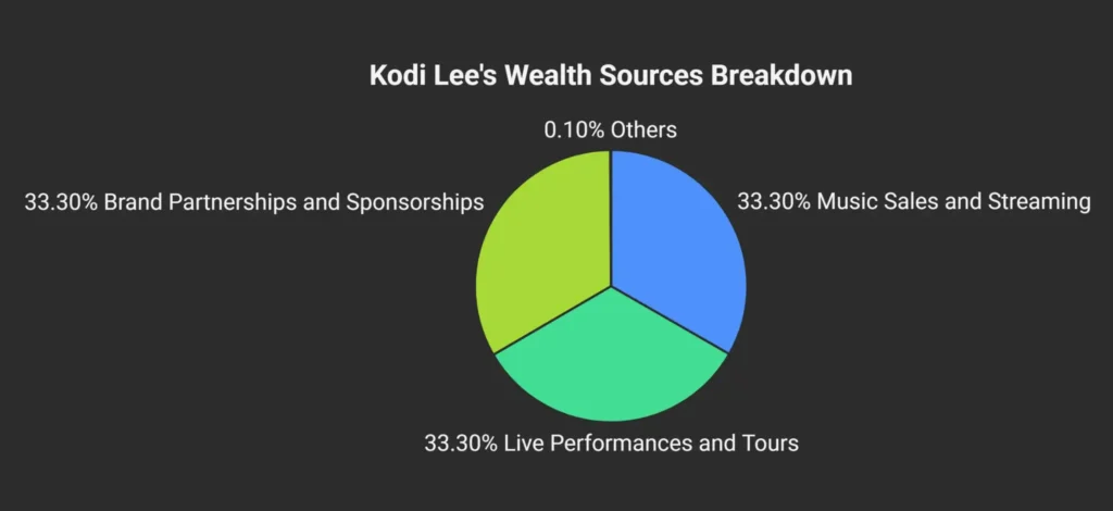 Pie chart showing Kodi Lee's Net Worth sources breakdown: Music sales, live performances, and brand partnerships