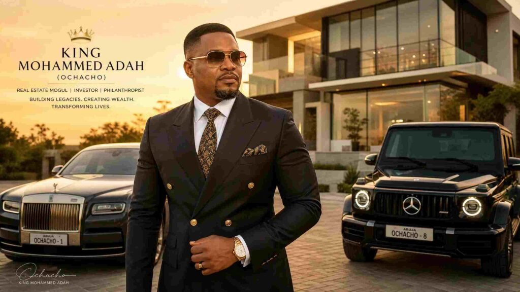 "Professional feature image of Nigerian real estate mogul King Mohammed Adah (Ochacho) standing in front of a luxury modern mansion in Abuja, with high-end cars in the background, reflecting his billionaire lifestyle and business success."