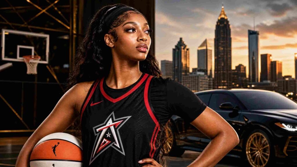 angel reese net worth compressed Stylized portrait of Angel Reese in an Atlanta Dream jersey against the Atlanta skyline and a luxury car, symbolizing her $10 million net worth and business success.