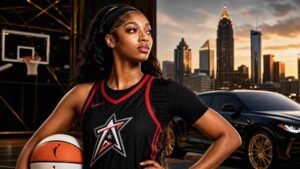 Stylized portrait of Angel Reese in an Atlanta Dream jersey against the Atlanta skyline and a luxury car, symbolizing her $10 million net worth and business success.