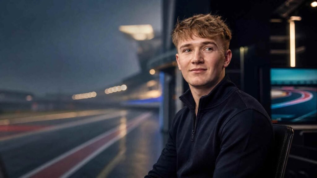 Billy Monger Net Worth Billy Monger seated in a racing broadcast setting, with a softly blurred racetrack and monitor displaying track lights in the background.